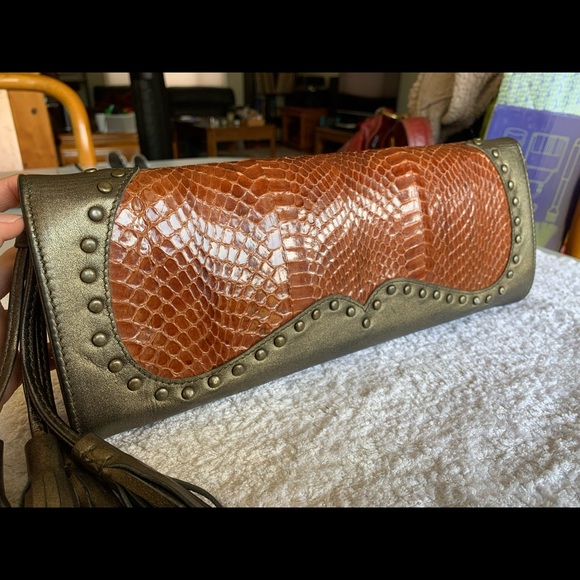 Statement boho leather and snakeskin clutch - Picture 13 of 15
